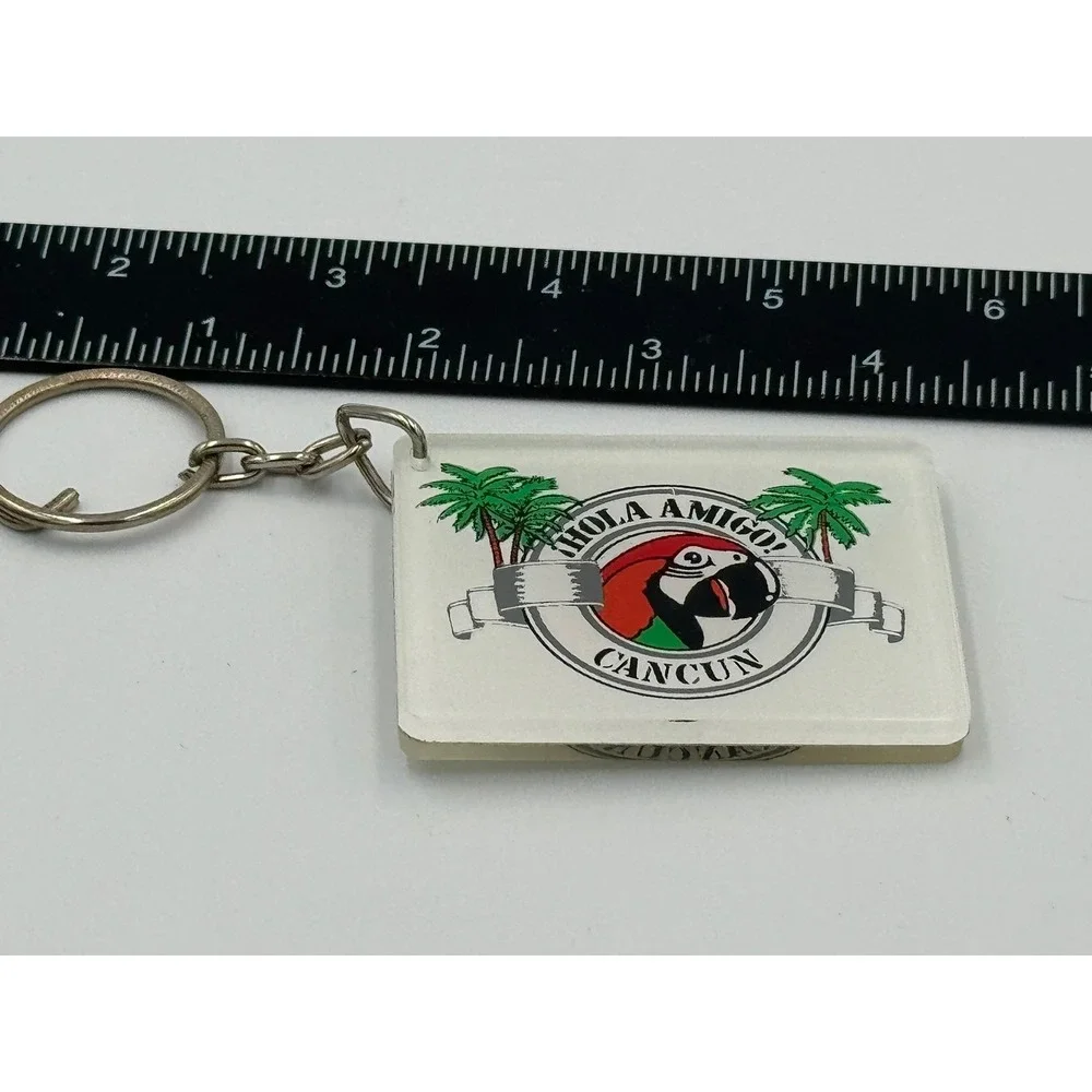 Vintage Hola Amigo Cancun Keychain Macaw Parrot‎ Palm Tropical Souvenir Mexico